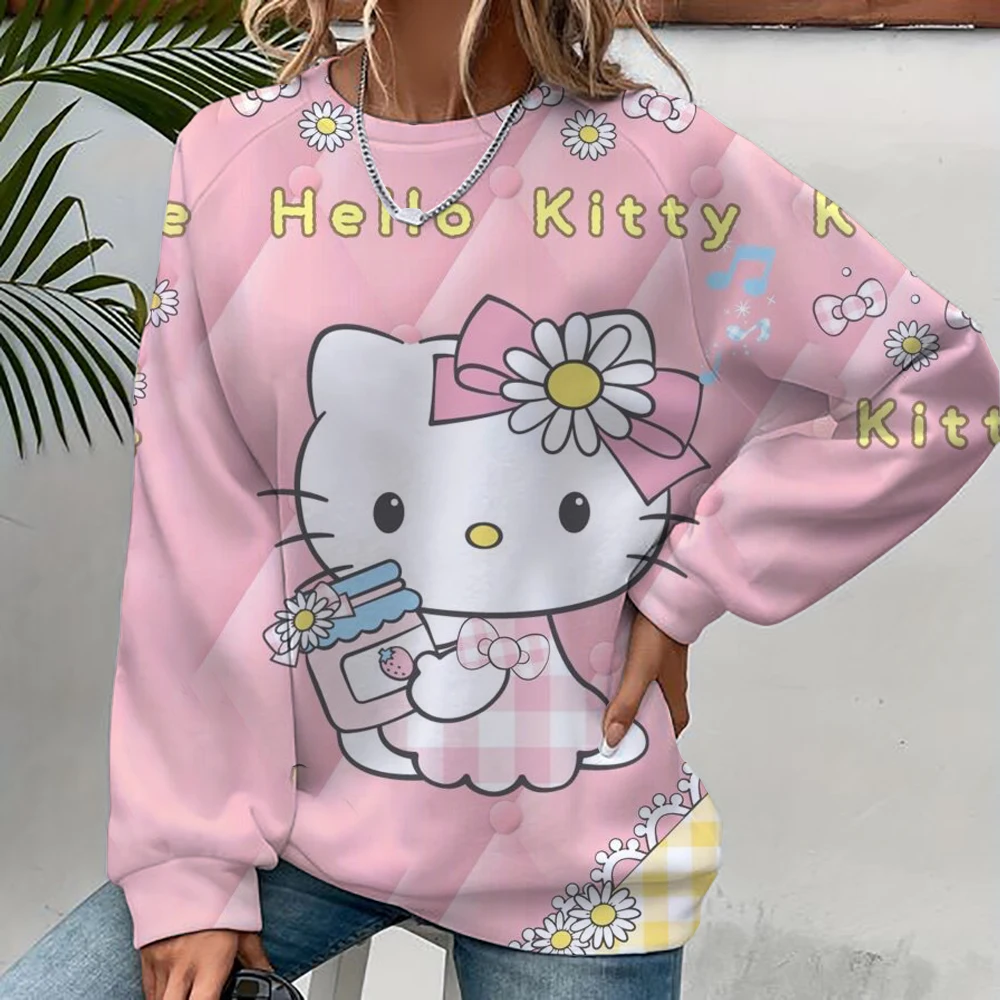 Women\'s Hello Kitty Printed Sweatshirt, High Street Women\'s Hoodie, Y2K Pattern Clothing, Casual Round Neck Sweater