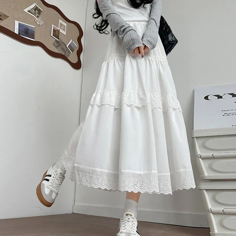 Korean White Lace Pleated Skirt for Women 2025 High Waist Patchwork Cake Long Skirts Woman Summer Chic Loose A Line Skirts Mujer