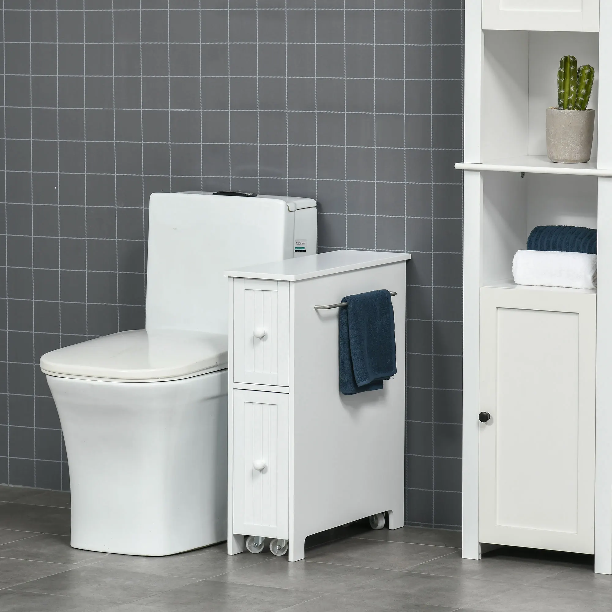 Slim Bathroom Cabinet, Freestanding Storage Cabinet, Toilet Paper Holder with Two Drawers, Side Towel Rack, and Wheels, 7 x 20.