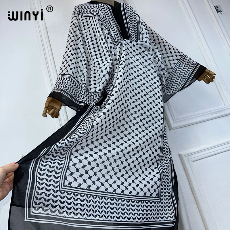 WINYI prospettiva con scollo a v vestito sexy arabo tradizionale stampa donna sciolto vacanza spiaggia cover up Party Kaftanabaya dubai luxury