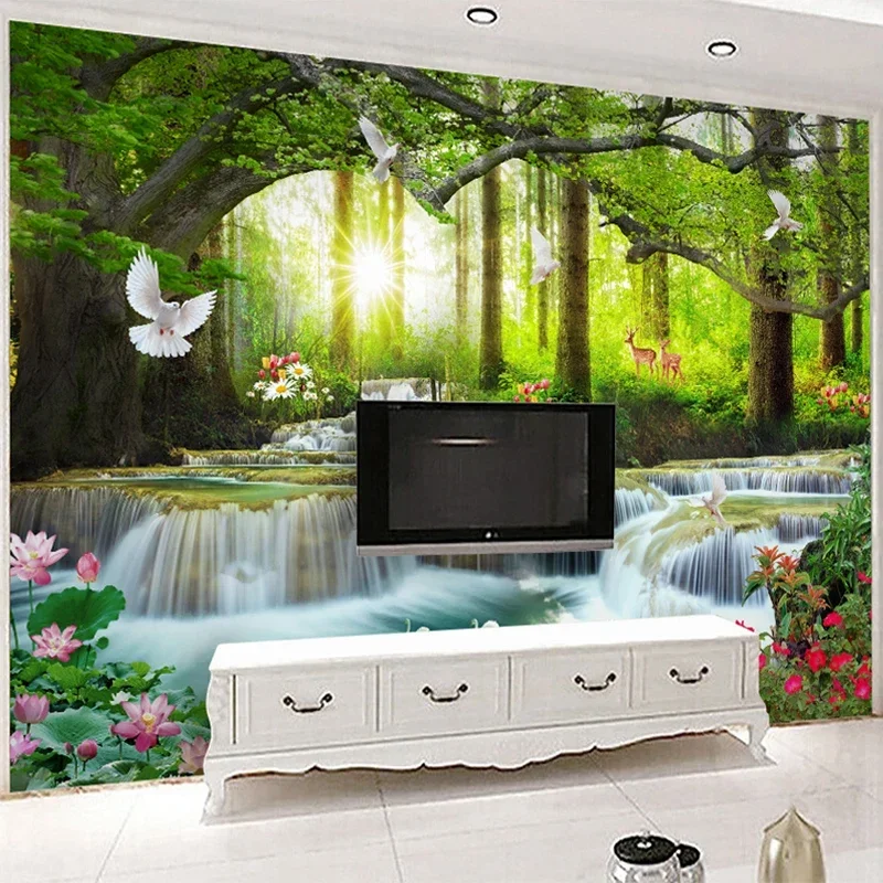 

3D Waterfall Forest Wall Mural Nature Landscape Custom Photo Wallpaper for Living Room TV Background Sofa Wall Home Decor
