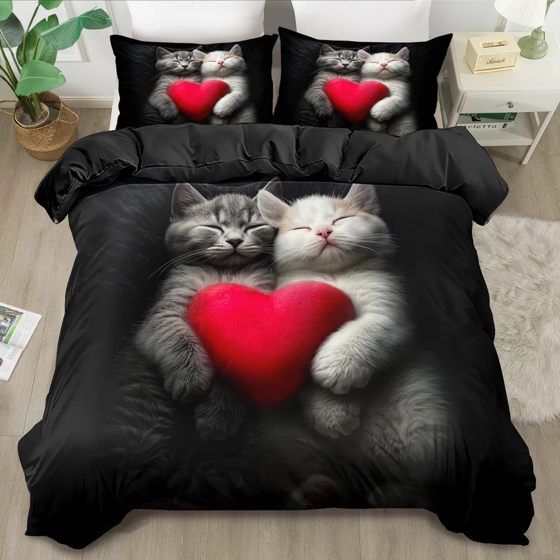 Romantic Loving Cat Print Duvet Cover Set King Queen Size Bedding Machine Washable Quilt Decor for Bedroom Guest Room
