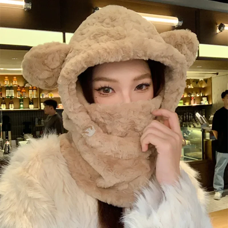 Women Winter Warm Hat Scarf Sets Plush Thickened All-in-one Kawaii Bear Ear Beanie Windproof Scarf Hooded Ear Protection Cap