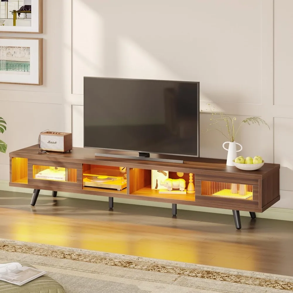 

Mid Century Modern TV Stand for 75 inch TV, LED Entertainment Center with Storage and Sliding Doors, Low Profile TV Consoles fo