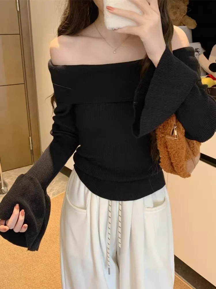 Spicy Girl Shoulder Bared Bell Sleeve Knitted Top Women Spring Autumn Winter Slim Fit Base Layer Shirt Shoulder Exposure Shor...