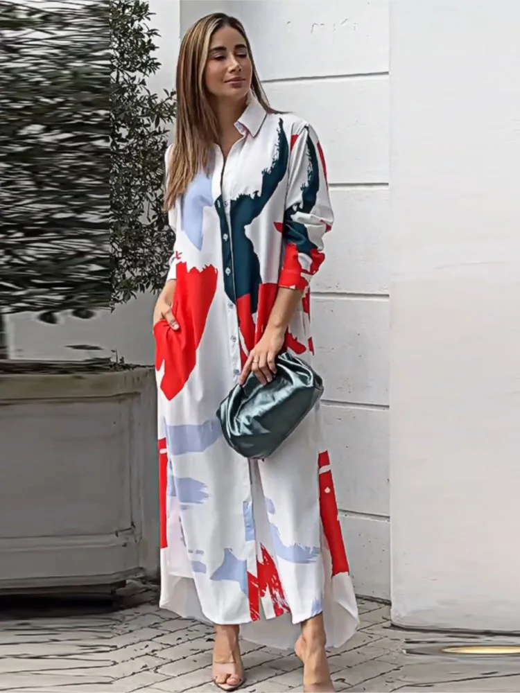

2025 Spring Autumn Women's New Fashion Dresses Casual Printed Loose Sexy Split Long Single Breasted Shirt With Pocket Vestidos