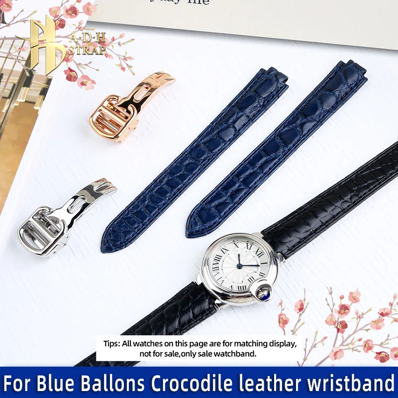 Pulsera de piel de cocodrilo de alta calidad para globos azules Cartier W69010Z4 W 6920071   W 6920085   Correa de reloj mujer convexa 8 11 12 mm