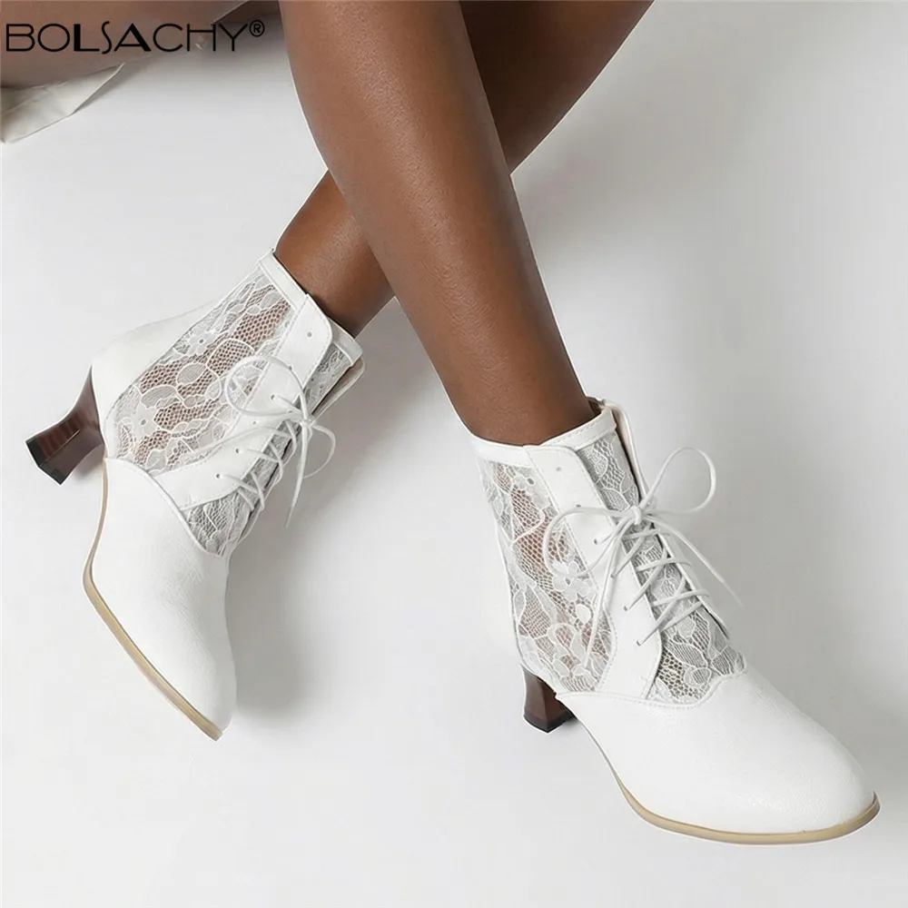 Victorian Ankle Boots for Women Leather Lace Heel Fashion Lace up Spliced High Heels Ladies Shoes Ankle 34 35 43 44 45 46 48 50