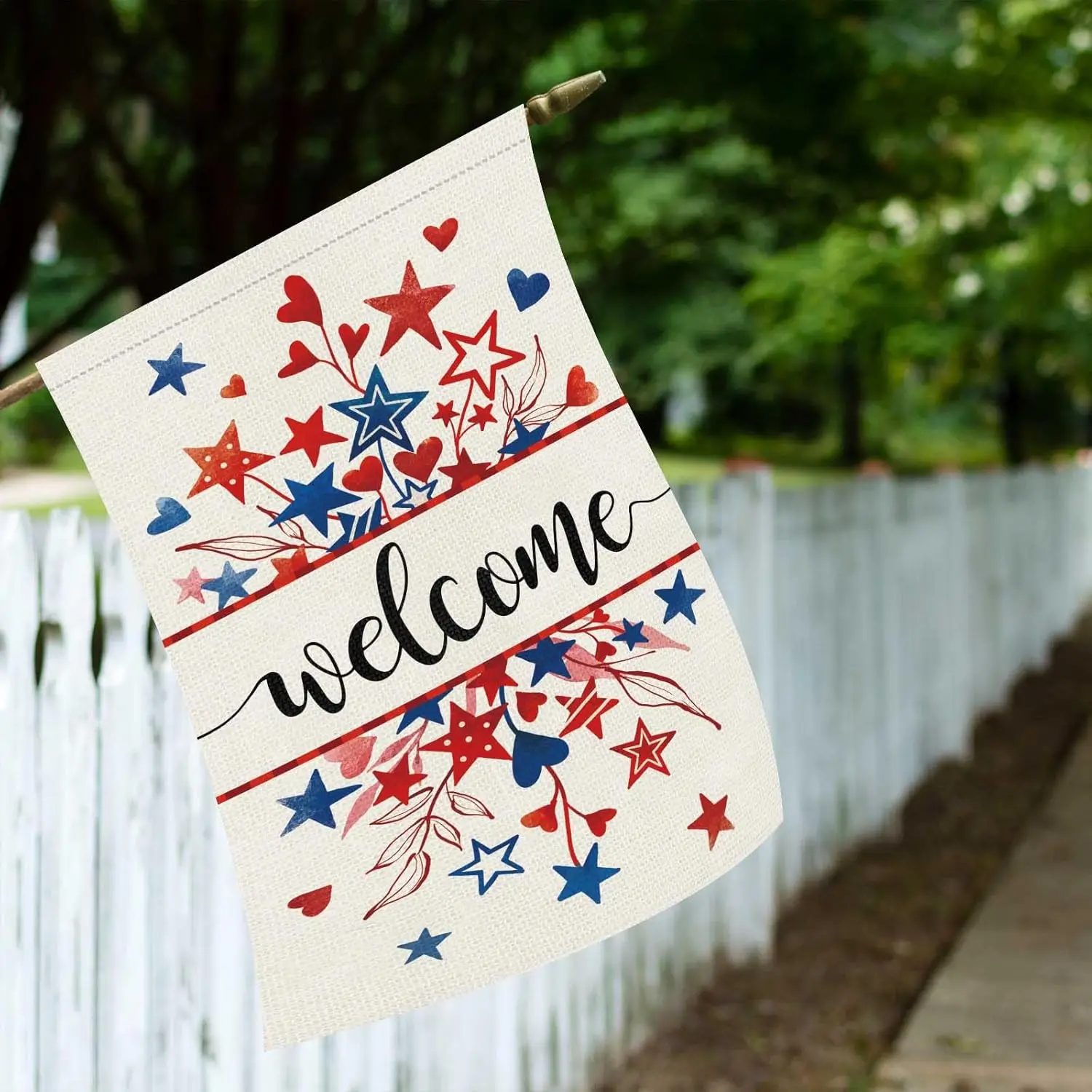 Heyfibro Welcome 4th of July Patriotic Garden Flag 28x40 Double Sided Burlap, Memorial Day Star Heart Pattern Yard Flags for SSL