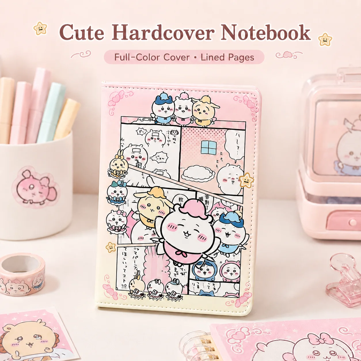 Chiikawa Cute Hardcover Notebook Full Color Cover Lined Pages Journal Kawaii Cartoon Student Writing Notebook Stationery