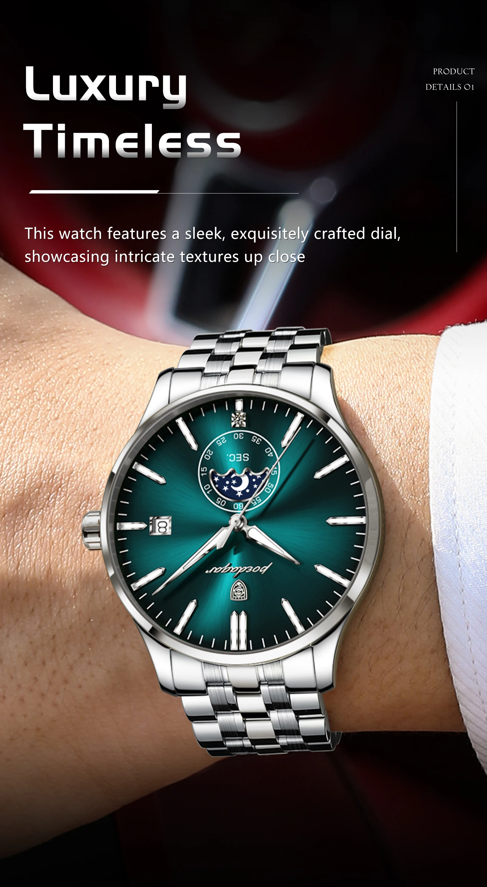 POEDAGAR Top-Luxus-Herrenuhr, Casual Edelstahl Quarz Herren-Armbanduhr, Wasserdicht, Leuchtend, mit Datum, Modische Herrenuhren Reloj – Detail 13