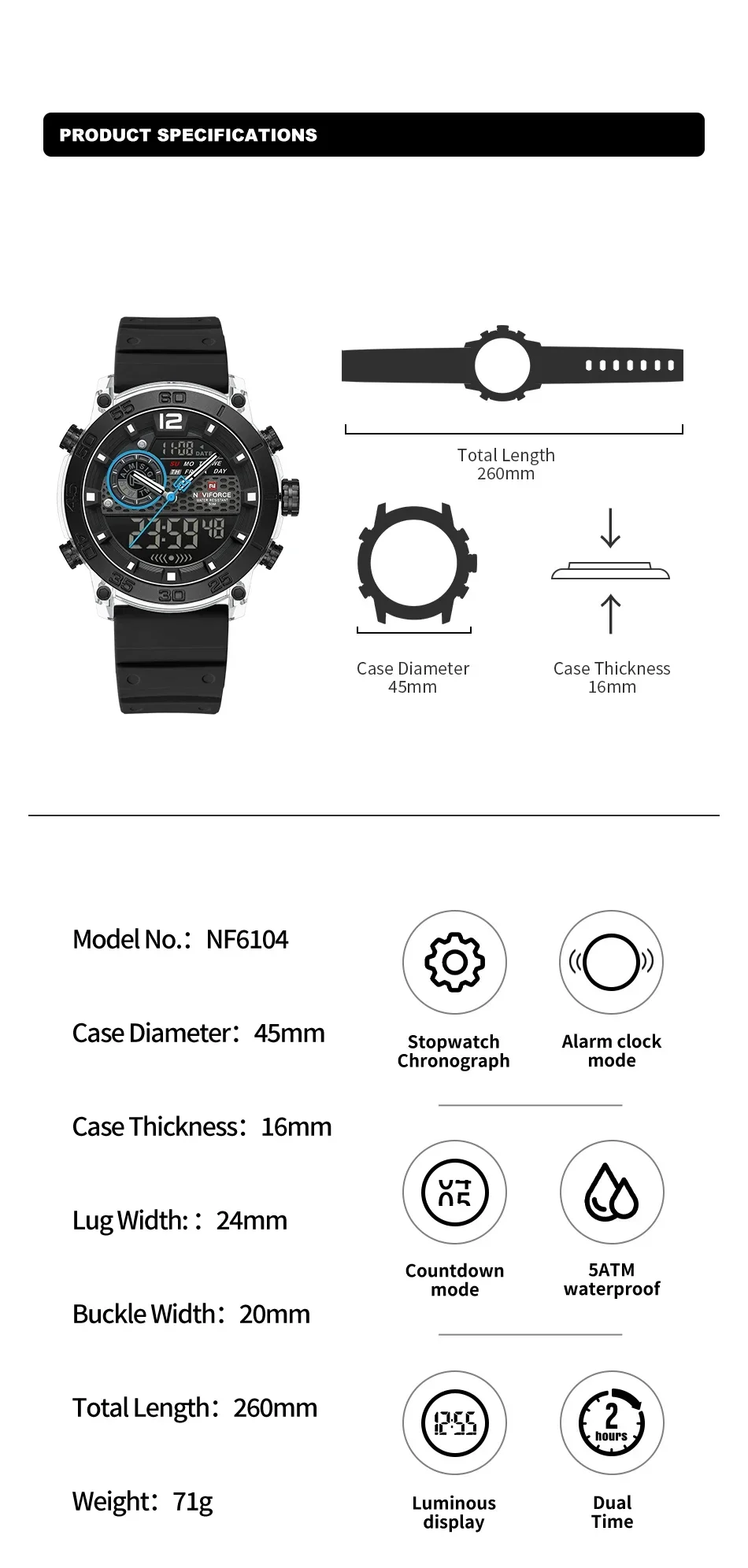 NAVIFORCE NF6104 hommes léger sport double affichage temps veilleuse montres garçon Quartz chronomètre multifonctionnel