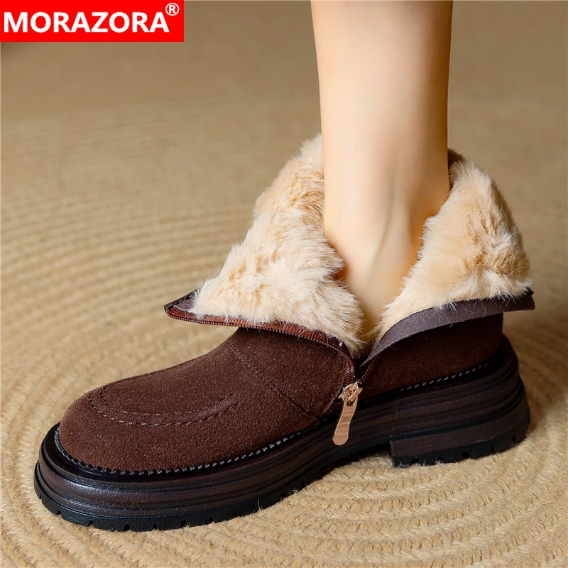 

MORAZORA Cow Suede Leather Snow Boots Women Zipper Square Mid Heels Thick Fur Wool Blend Warm Winter Ankle Booties Ladies Shoes
