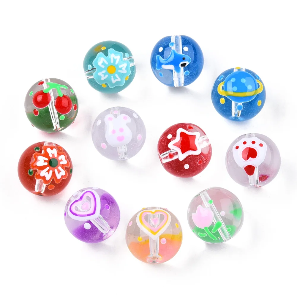 

20pcs Round Lampwork Beads 12/16mm Transparent Handmade Lampwork Bead With Heart Flower Cherry Dolphin Planet for jewelry making