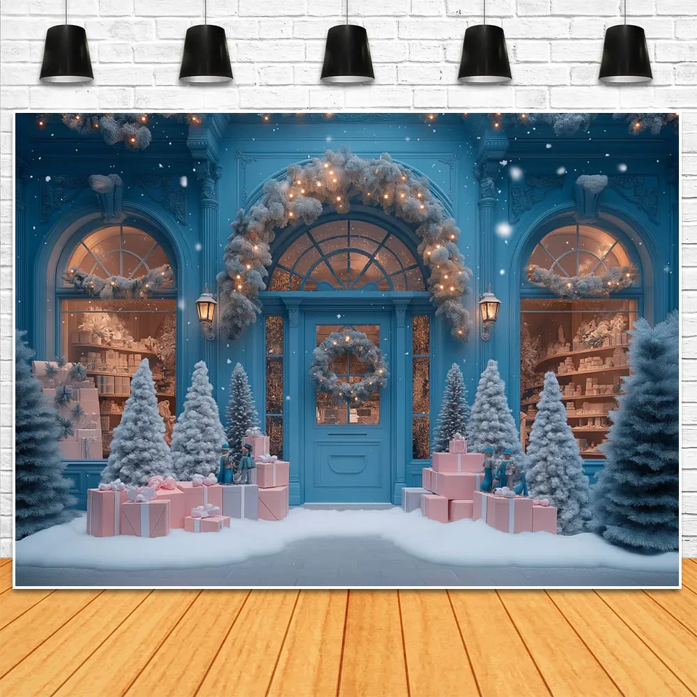 Mocsicka Winter Photography Background Blue and Pink Christmas Gift Shop Snow Xmas Tree Outdoor Children Princess Photo Backdrop