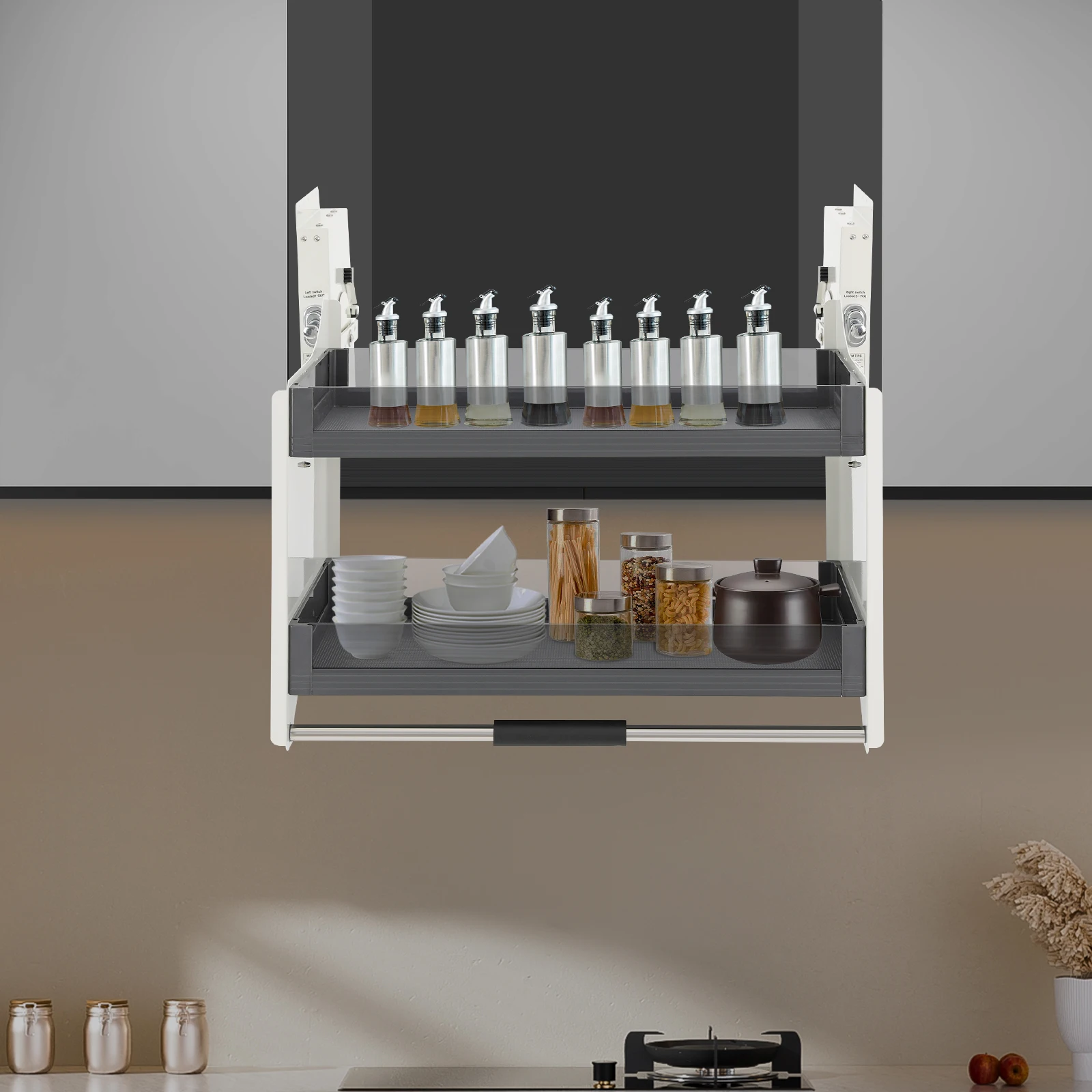 풀다운 합금강 선반, 흰색 2단 풀다운 선반 76.4*26*54.3cm 최대 하중 12kg 주방 상단 캐비닛용