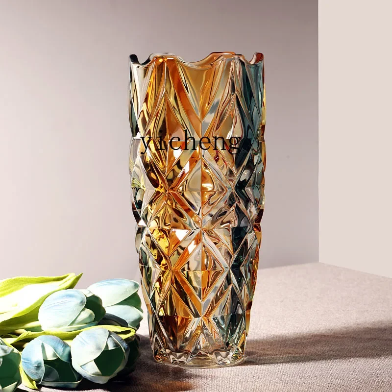 Crystal glass vase large round mouth raising rich bamboo flowers Jindian living room flower arrangement ornament