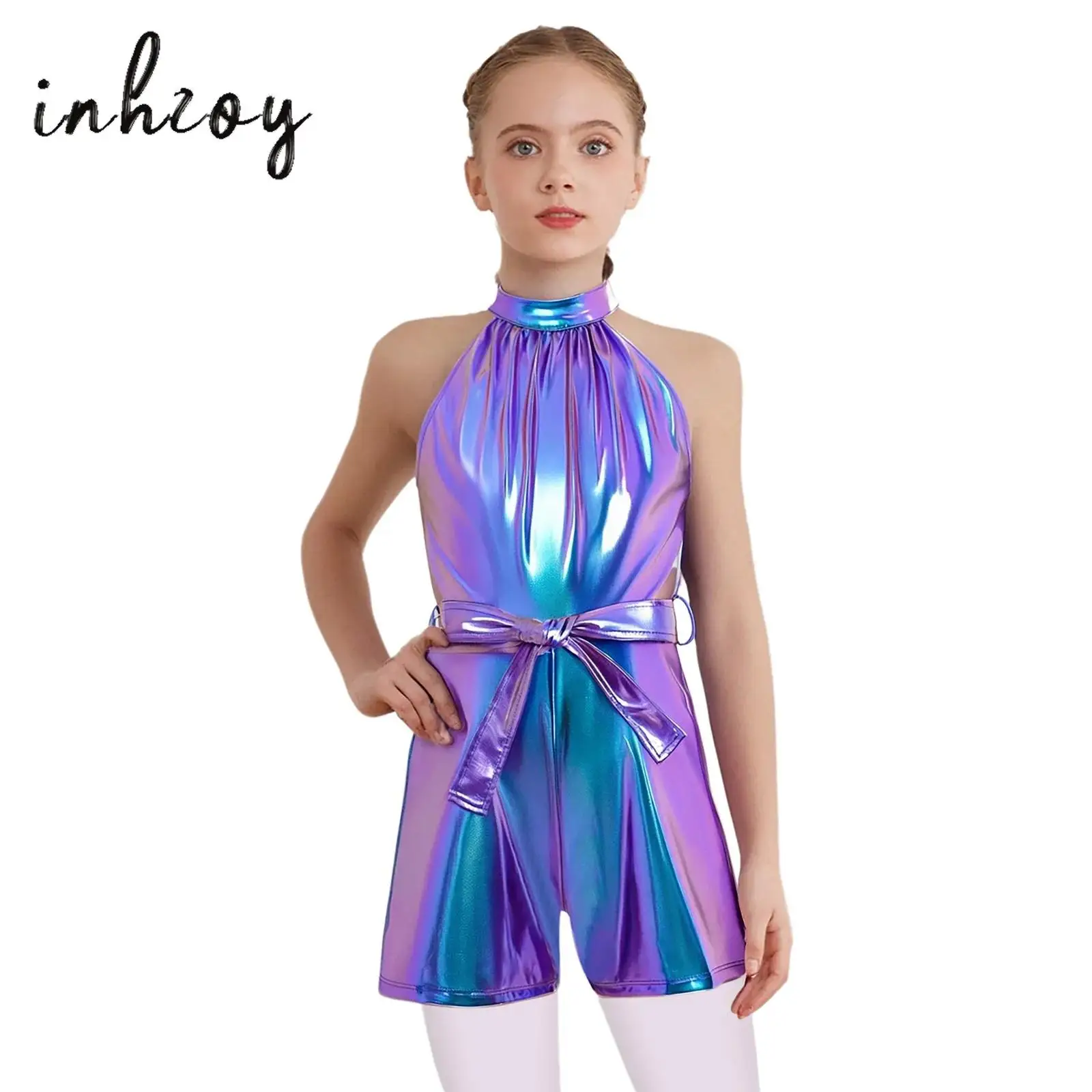 

Kids Girls Metallic Shiny Jazz Tango Dance Jumpsuits Halter Sleeveless Rompers with Belt for Birthday Party Ballroom Dancewear