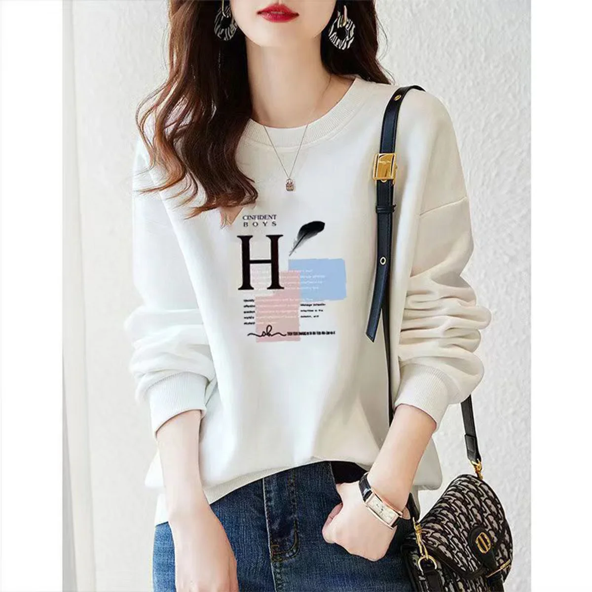 Women Clothing Letter Printed Pure Cotton Sweatshirts Autumn Winter Loose Large Version Long Sleeve Hoodies O-neck Pullover Tops