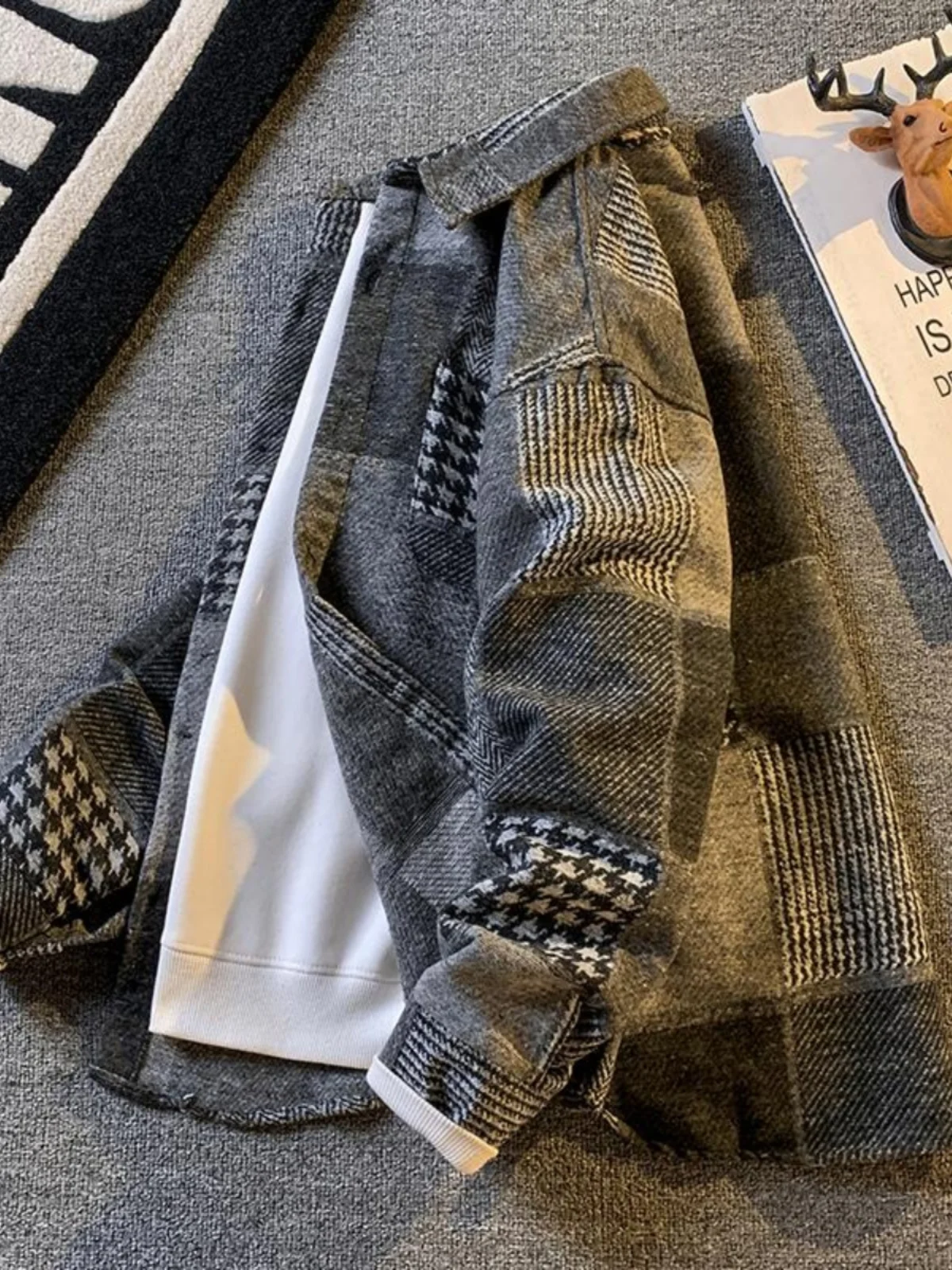 

Casual Plaid Patchwork Faux Fur Men's Jaet Youth Faion Autumn Winter Outerwear Comfortable Fit Zipper Closure Long Sve