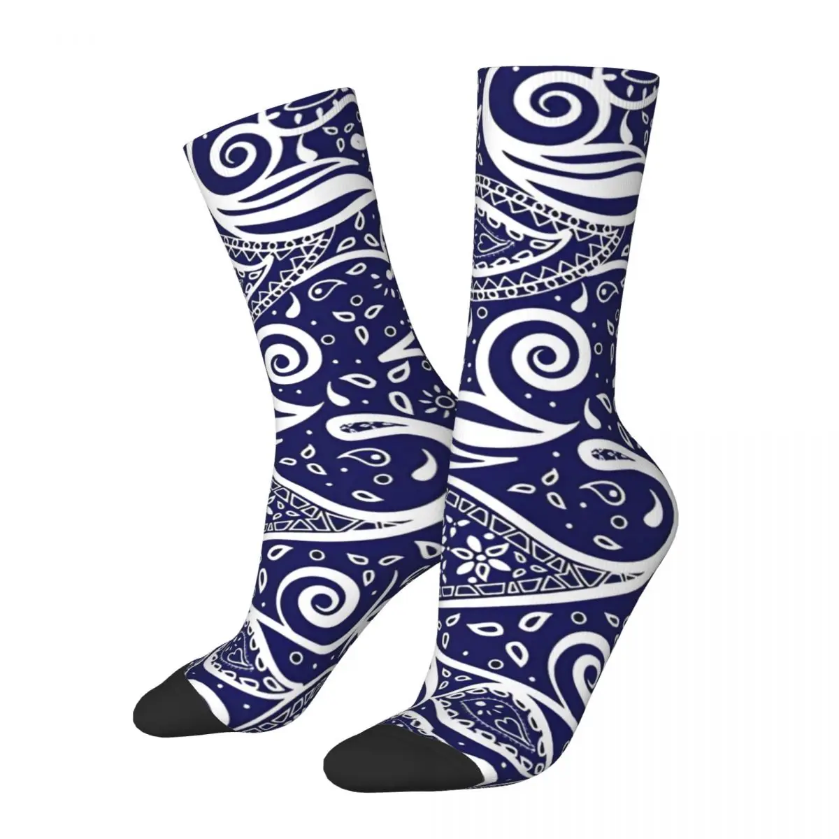 Vintage Paisley Bohemian Breeze Art-White And Blue Photographic Print Men's compression Unisex Street Style Seamless  Crew Sock