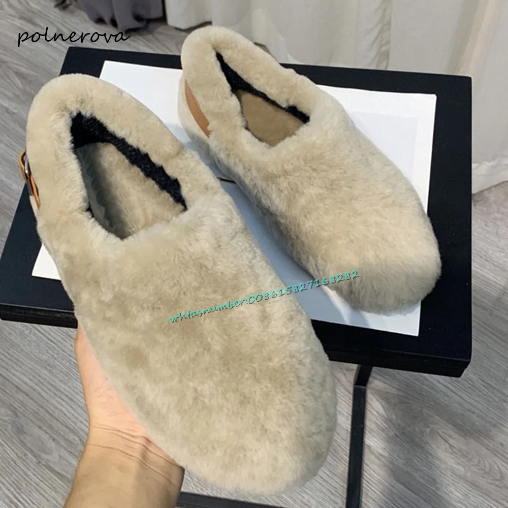 

Newest Solid Fur Shallow Women Pumps Flat Heel Belt Buckle Pump Fashion Round Toe Dress Daily Shoes 2023 Autumn Winter Elegant