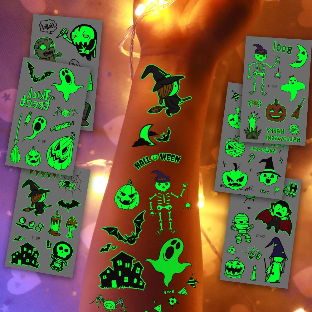 9 Sheets Luminous Halloween Temporary Tattoos,Glow in the Dark Pumpkins Vampires Zombies Ghosts Halloween Party Favors Decor