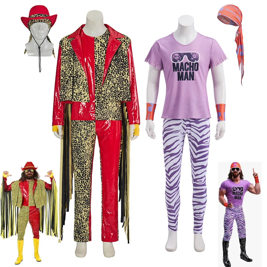 Randy Savage Cosplay Costume Savage Purple Wrestling Costume Stage Performance Red Leopard Suit Male Halloween Outfits