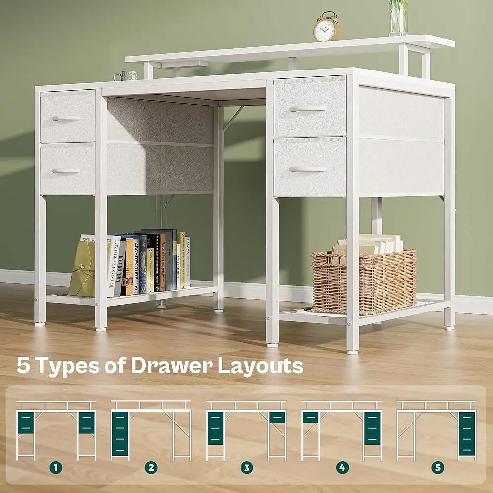 47 H Computer Desk With 4 Drawers, Gaming Desk With Led Lights & Power Outlets, Home Office Desk With Large Storage Space For