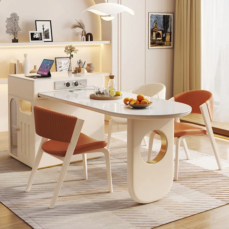 

French cream style oval island table integrated retractable family small apartment Internet celebrity light luxury rock table