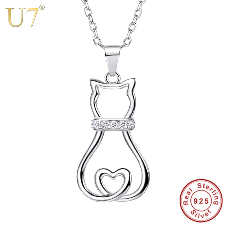 

U7 Authentic 925 Sterling Silver Cat Pendant Necklace Lovely Cute Animal CZ Women Fashion Jewelry Valentine Gift SC85