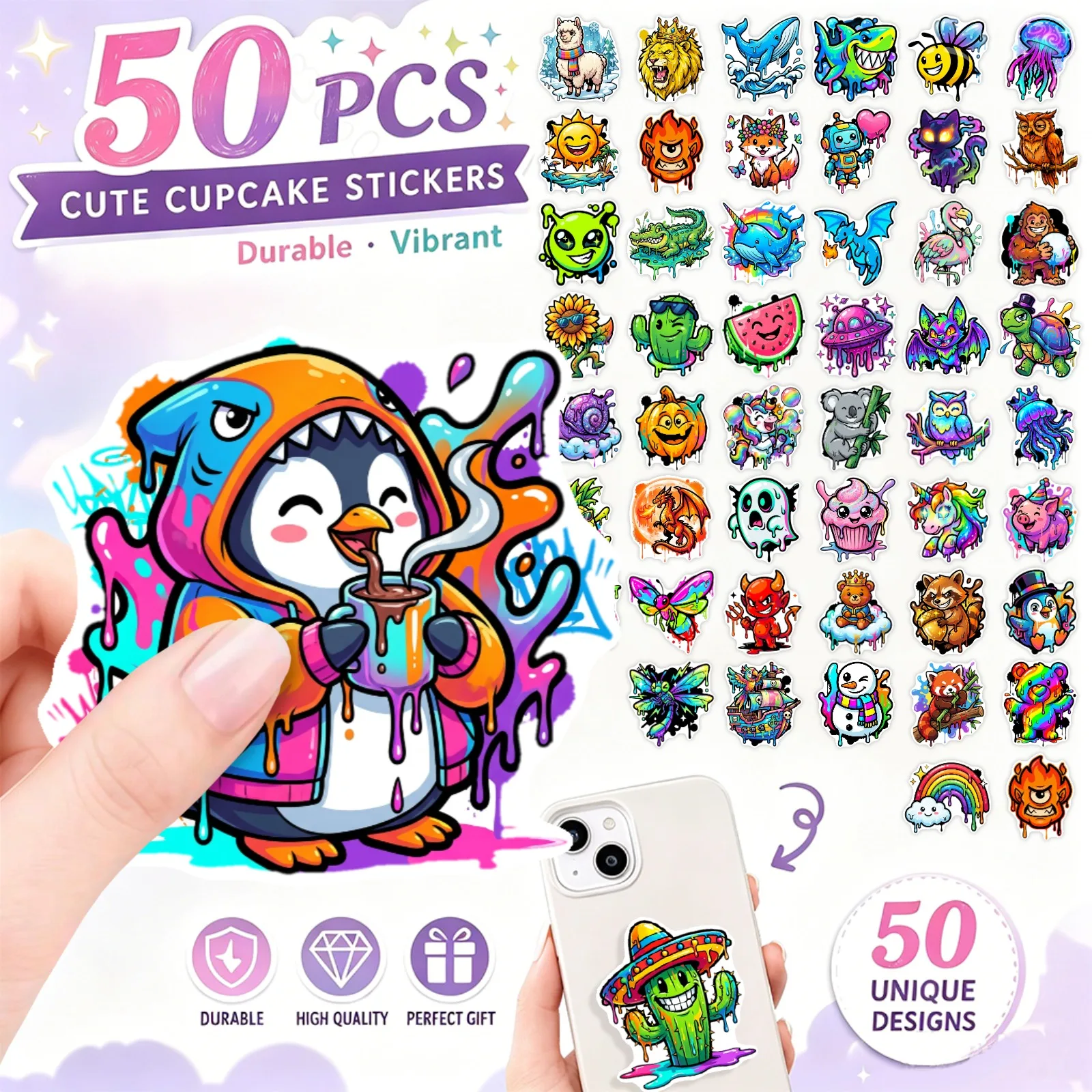 50Pcs Colorful Graffiti Cartoon Animal Stickers Vibrant Doodle Creature Decals for Laptop Water Bottle Journal Skateboard DIY