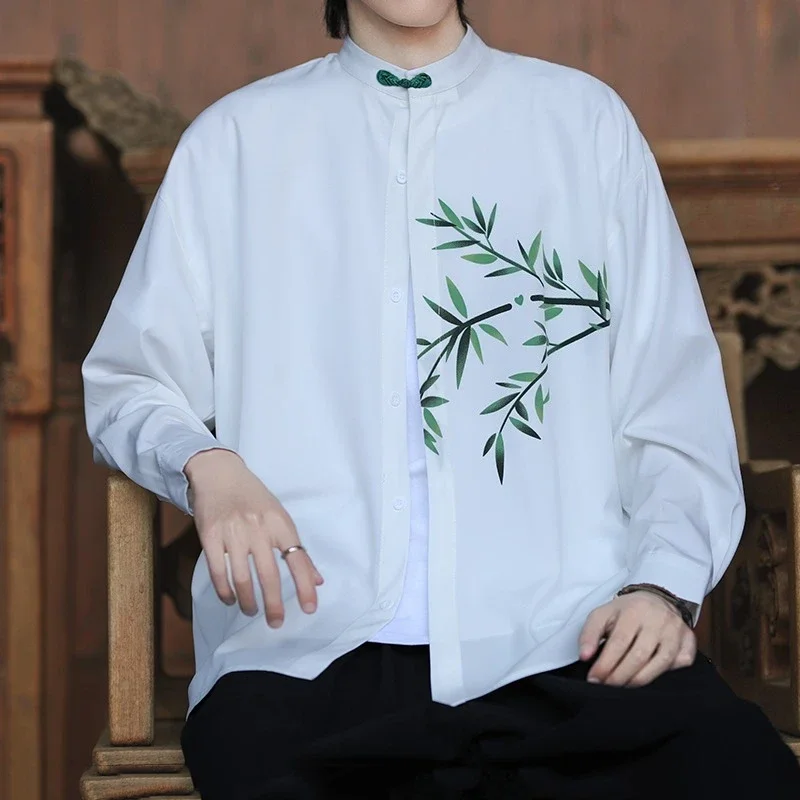 قميص الحرير الجليد الرجال الخيزران طباعة النمط الصيني مريح تنفس قميص Vintage رجالي الصيف عادية فضفاضة تناسب ملابس علوية الرجال