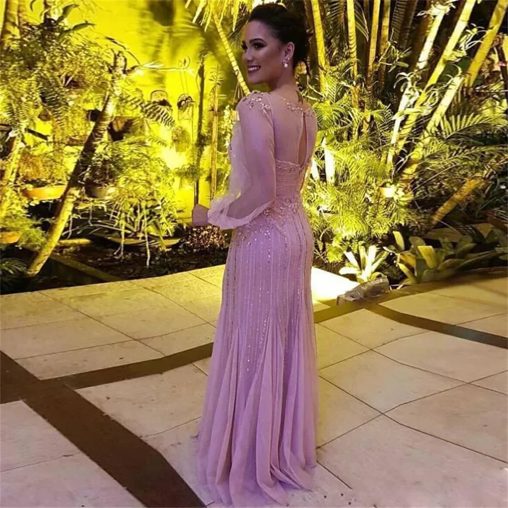 2023 Elegante A-lijn Roze Moeder Van De Bruid Jurk Jewel Hals Lange Mouwen Pailletten Crystal Kralen Tulle Formele Avond Party gown