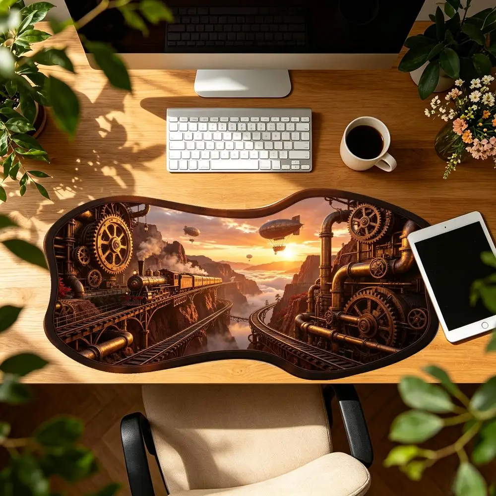 Steampunk Sunset Train Desk Mat Large Size Non Slip Rubber Base Creative For Study Room Decor Special Shaped