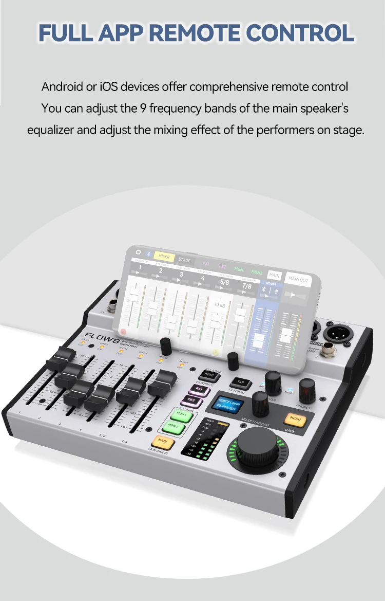Paulkitson FLOW 8 Tragbarer Digitaler Audio-Mixer Bluetooth APP Fernbedienung Duale FX-Effektgeräte OTG Stereo für Live-Streaming Band DJ Bühne – Detail 5