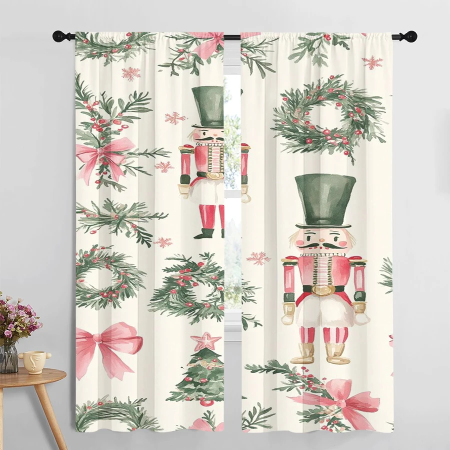 2PCS Digital Print Curtains, Nutcracker Soldier Christmas Wreath Pattern, Classic Festive Style for Xmas Holiday Home Decor