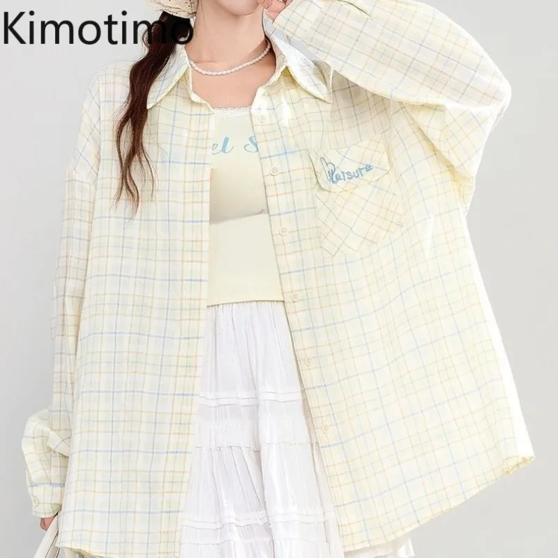 

Kimotimo Vintage Plaid Long Sleeve Shirt Women 2025 Autumn Lapel Embroidery Pocket Loose Tops Japanese Casual Versatile Blouse