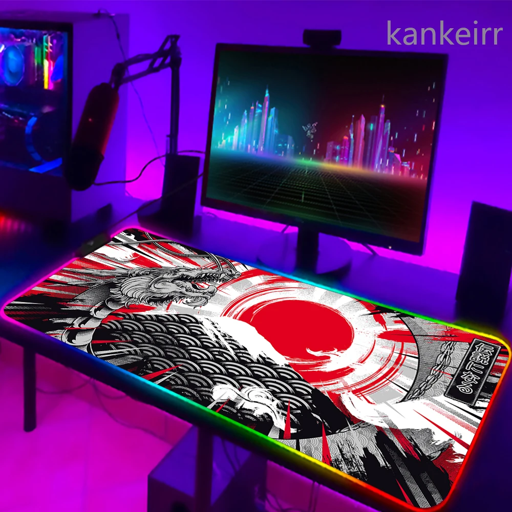 RGB Gaming Muismat Japanse Draak Bureaumat HD Zwart Gamer Accessoires Grote LED Muismat XXL PC Computer Tapijt Met Achtergrondverlichting