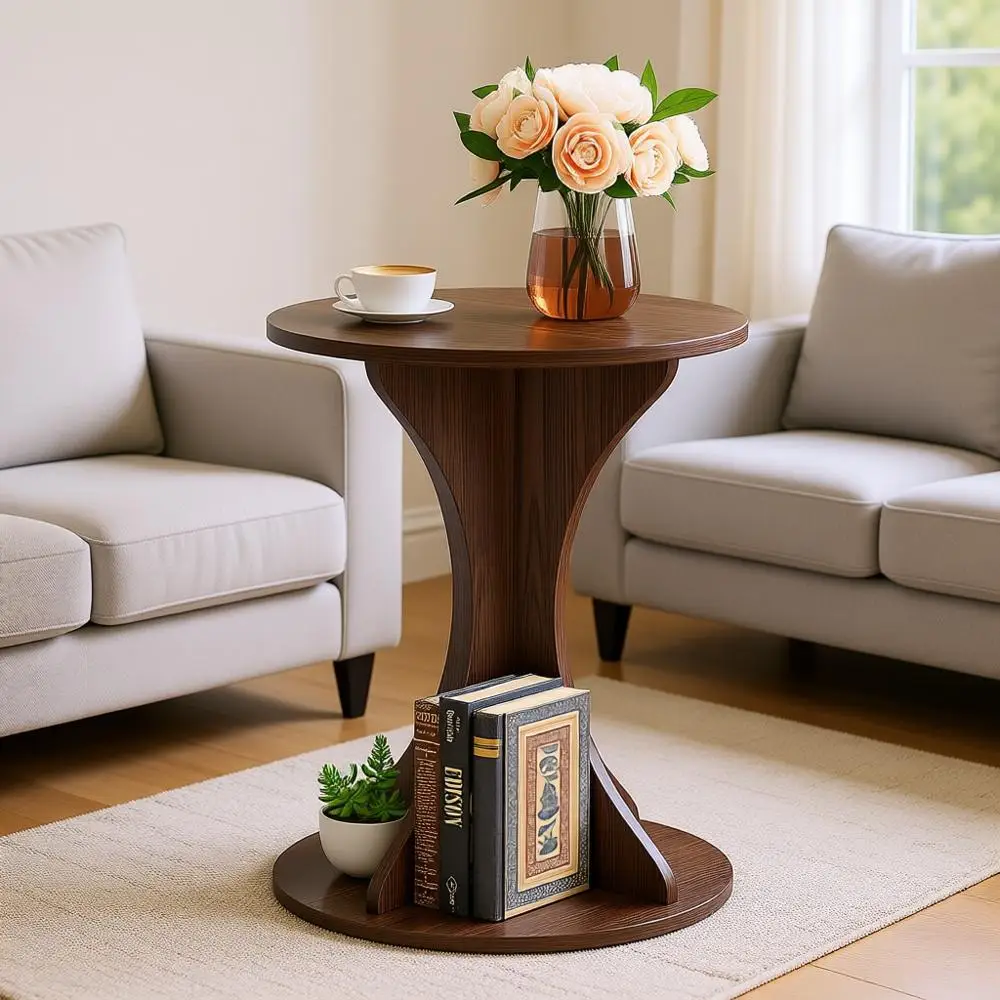 

Круглый прикроватный столик из дерева в деревенском стиле для гостиной или спальни, компактный, для небольших помещений