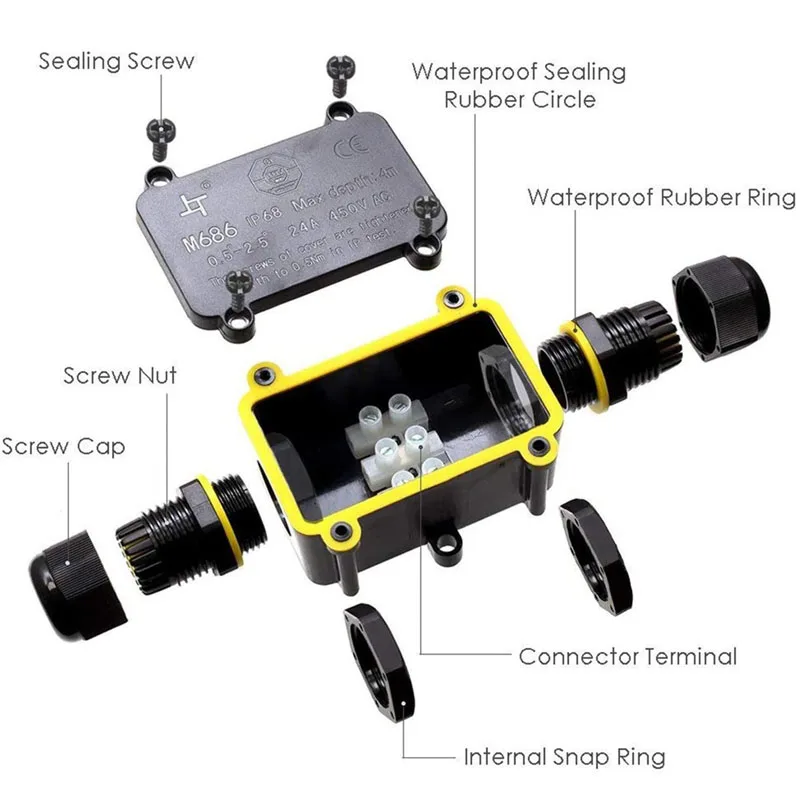 2/3 Way Outdoor Waterproof Junction Box IP68 LED Terminal Block 3P 6-12mm Electrical Wiring Accessories 450V 24A Flame Retardant