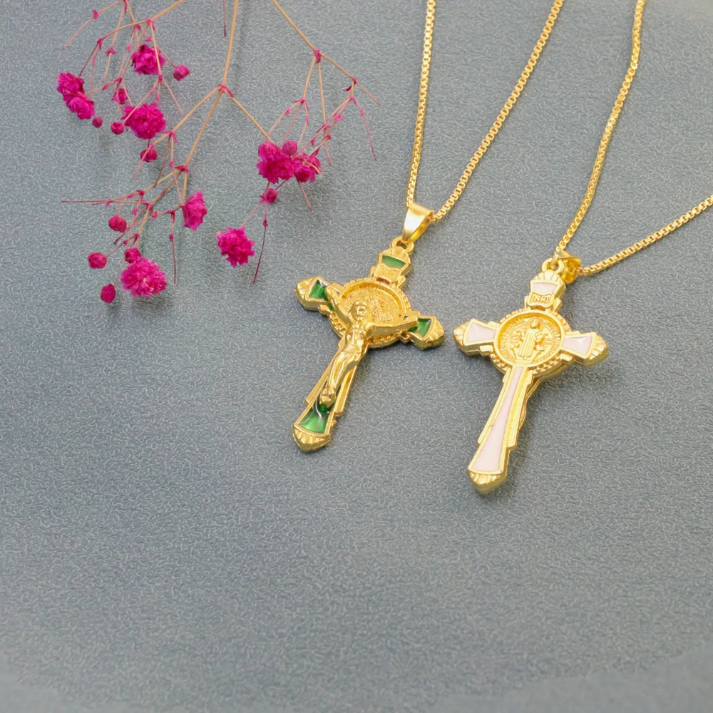 Enamel St Benedict Exorcism Cross Necklaces Gold Plated Catholic Sacramental Protection Jewelry for Women/Men 24 inches Chains