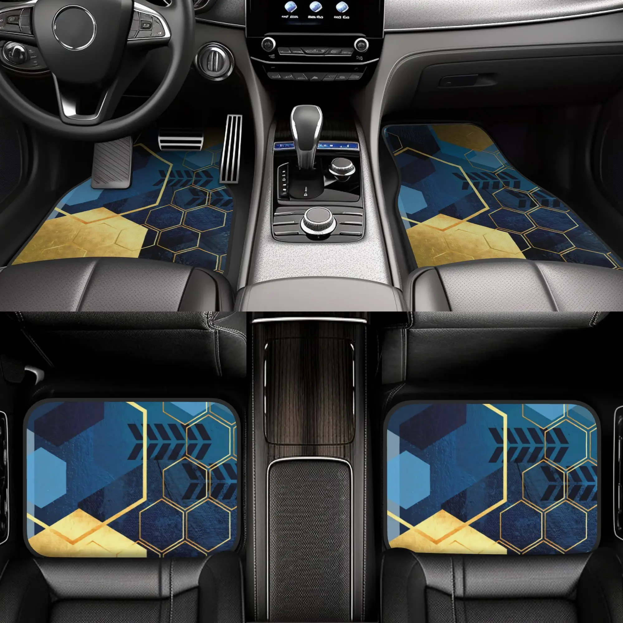 4pcs Geometric Blue And Golden Hexagons With A Plant In The Middle Pattern Universal Car Floor Mats - Polyester Material, Non-Sl