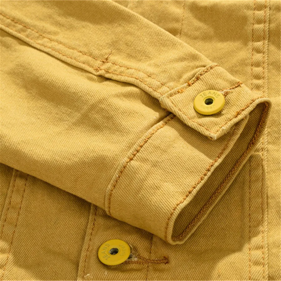สีเหลือง DENIM แจ็คเก็ตผู้ชายสีทึบกางเกงยีนส์แจ็คเก็ต SLIM FIT เสื้อแฟชั่นคาวบอย Streetwear ฤดูใบไม้ผลิฤดูใบไม้ร่วง Hip Hop เสื้อผ้าผู้ชาย
