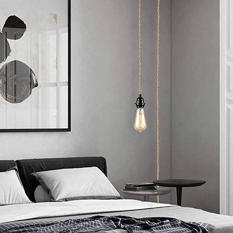 ABLQ Pendant Light Cord,Hanging Light Kit With Switch Plug In,15FT Jute Rope Hang Lamp,Industrial Pendant Light Set-US Plug
