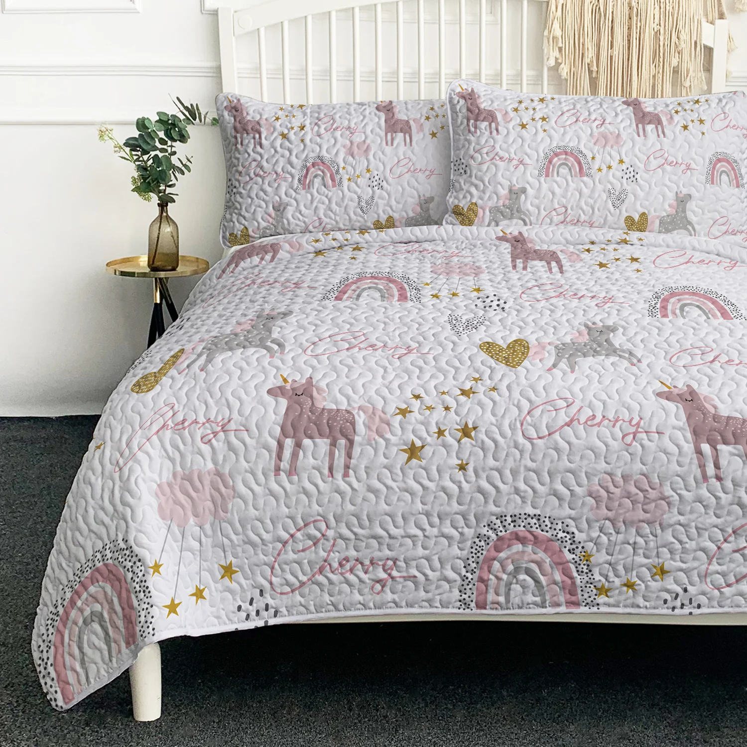 

Cute Little Unicorns with Rainbow and Heart Printed Quilt Set Soft Comforter With 2 Pilowcases Nice Gift for Birthday Christmas