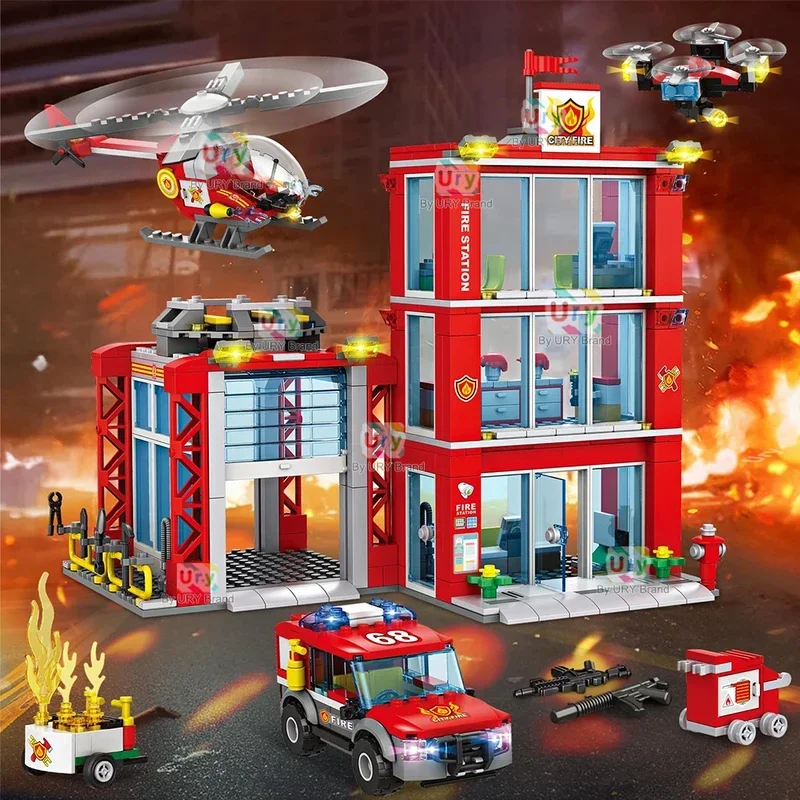 

City Series Fire Building Station Truck Helicopter Car Rescue Vehicle Aircraft Model Moc Building Block Toy for Boy Gift