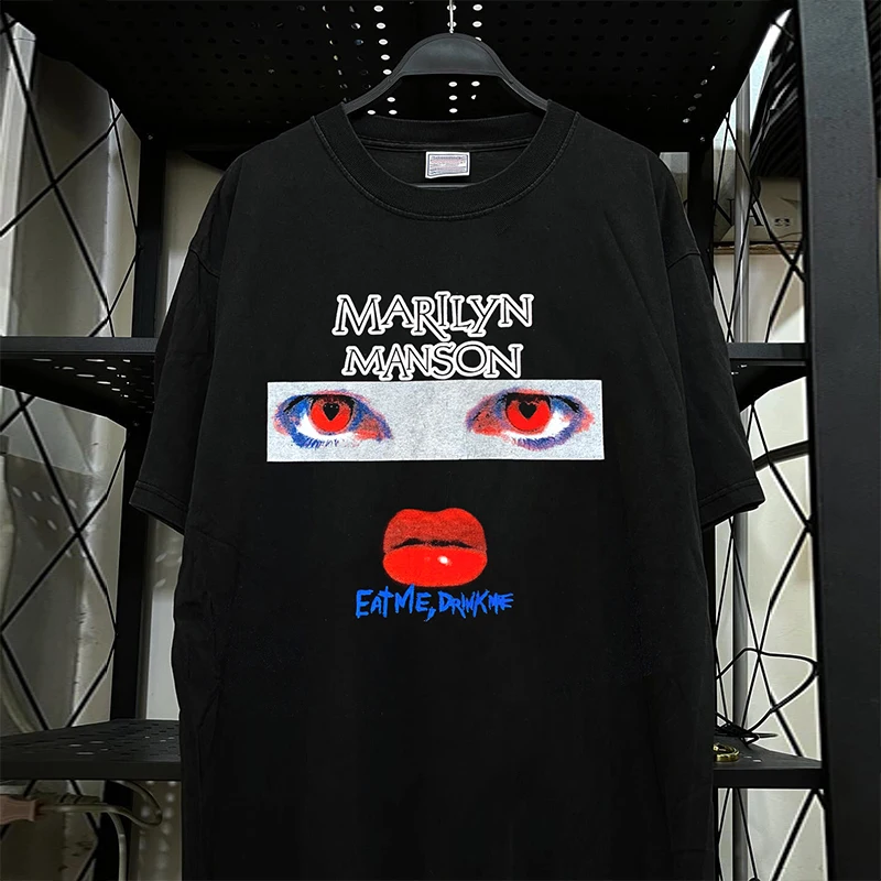 Marilyn Manson Chic American Street Style Short Sleeve T-Shirt Loose Fit Cotton Youthful Print Summer Casual round Neck Top