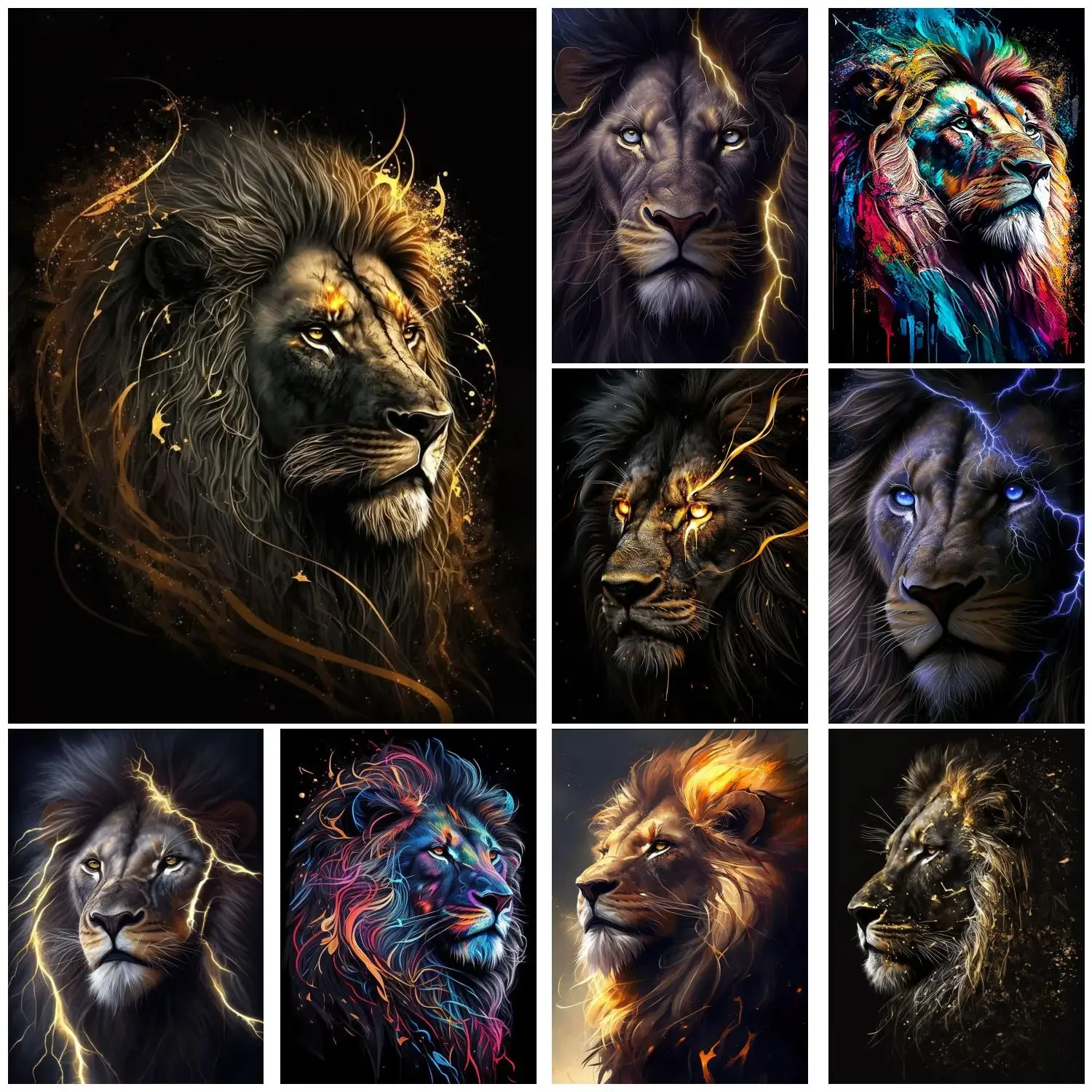 Black and Golden Light Lion Canvas Posters Modern Animal Painting Picture Wall Art for Living Room Home Decoration No Frame