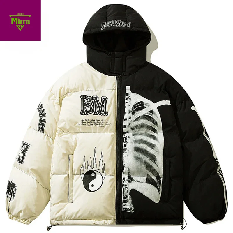 سترات شتوية للرجال من Streetwear Harajuku Hip Hop سترات شتوية مبطنة برسومات هيكل عظمي سترات سميكة ودافئة كبيرة الحجم